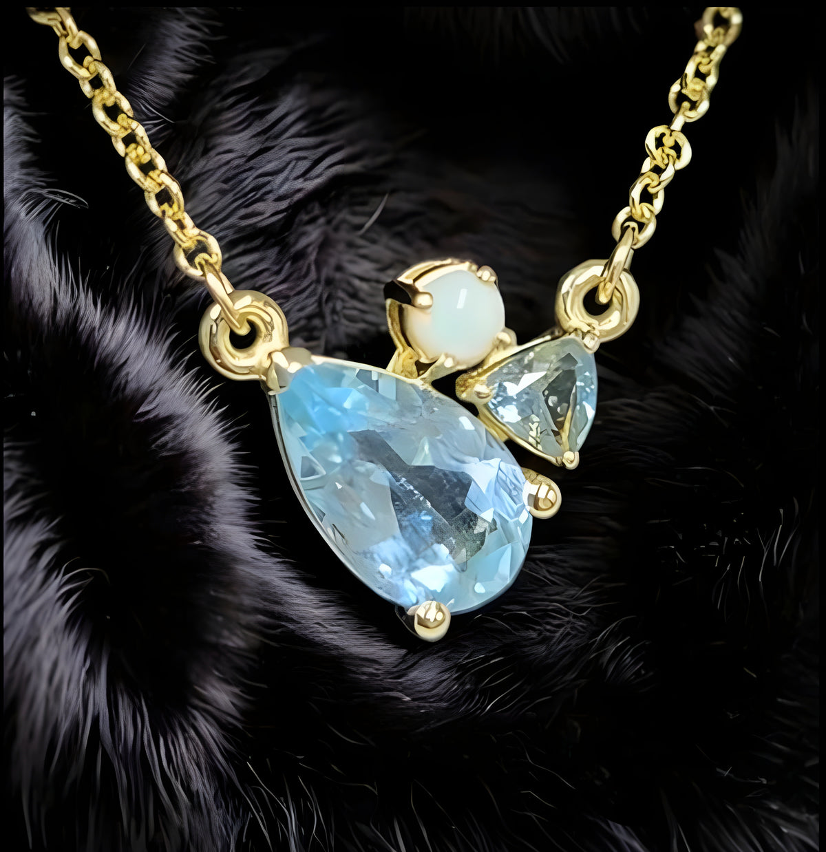 Gold necklace with a blue teardrop pendant on a black fur background