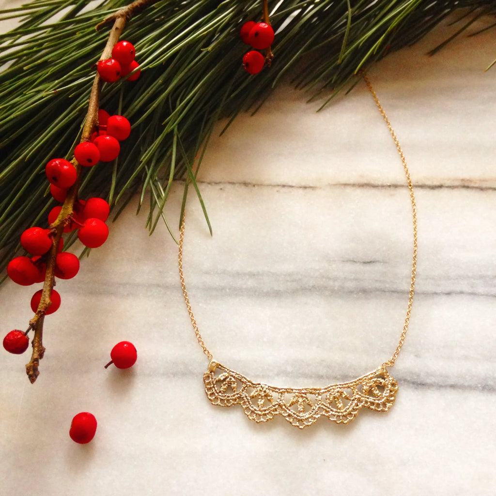 Leaf Lace Necklace in 14k Gold Plated Bronze with Oxidized Sterling Silver Chain