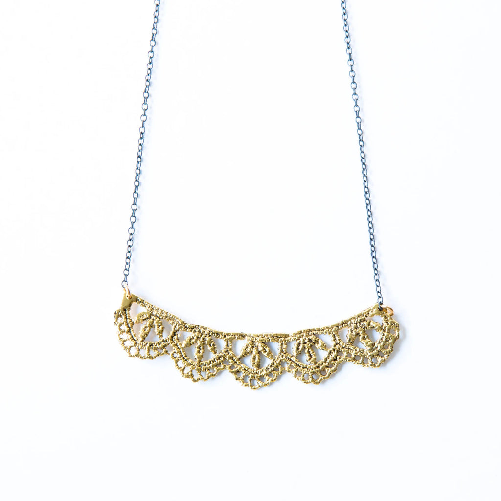 Leaf Lace Necklace in 14k Gold Plated Bronze with Oxidized Sterling Silver Chain