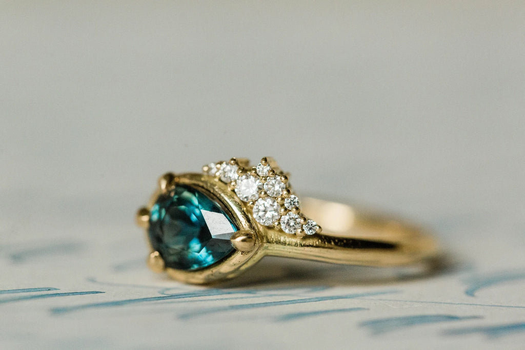 Women's Pear Cut Teal Sapphire Engagement Ring with Canadian Diamonds - Solid 18k Yellow, Rose or White Gold, Etsy Design Award Finalist