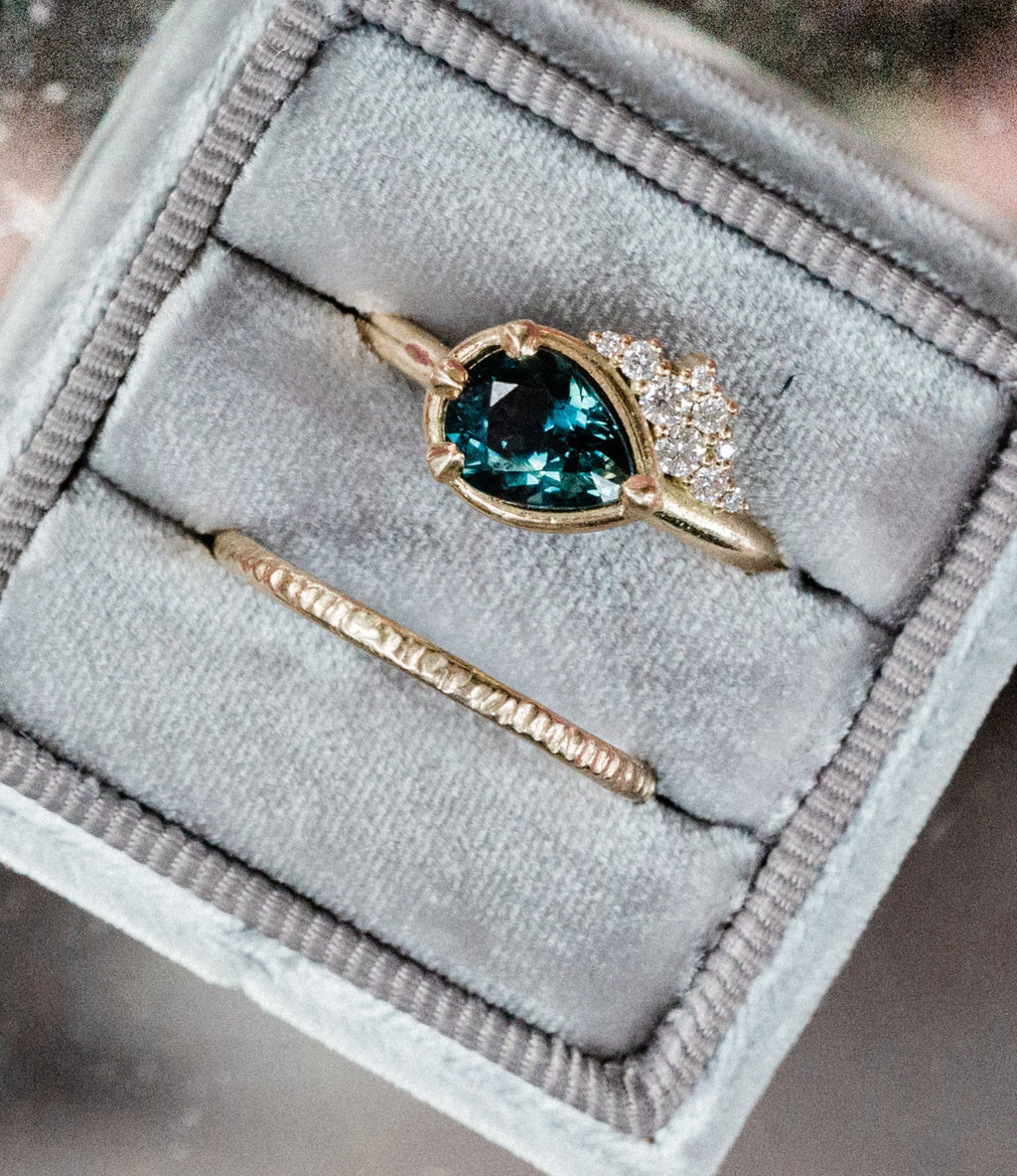 Women's Pear Cut Teal Sapphire Engagement Ring with Canadian Diamonds - Solid 18k Yellow, Rose or White Gold, Etsy Design Award Finalist