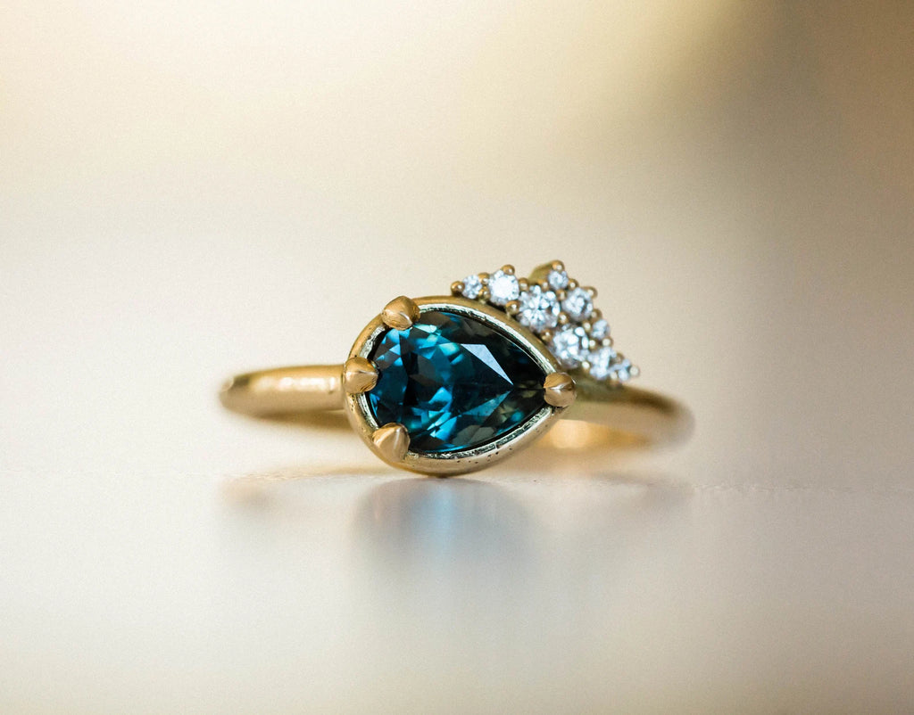Women's Pear Cut Teal Sapphire Engagement Ring with Canadian Diamonds - Solid 18k Yellow, Rose or White Gold, Etsy Design Award Finalist