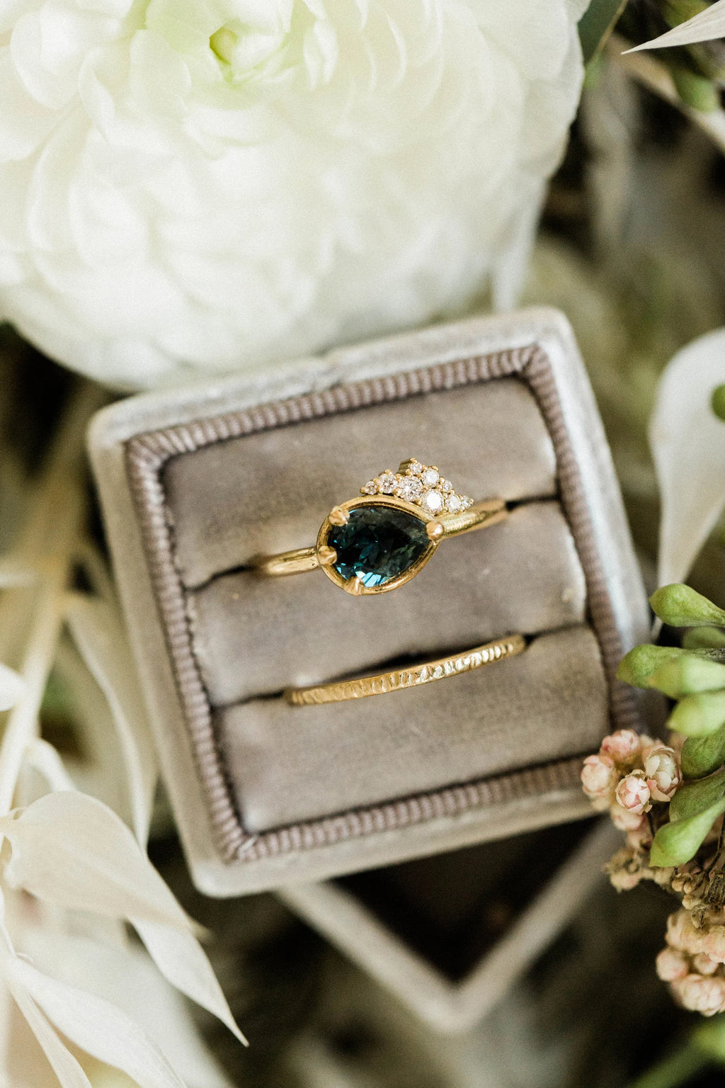 Women's Pear Cut Teal Sapphire Engagement Ring with Canadian Diamonds - Solid 18k Yellow, Rose or White Gold, Etsy Design Award Finalist
