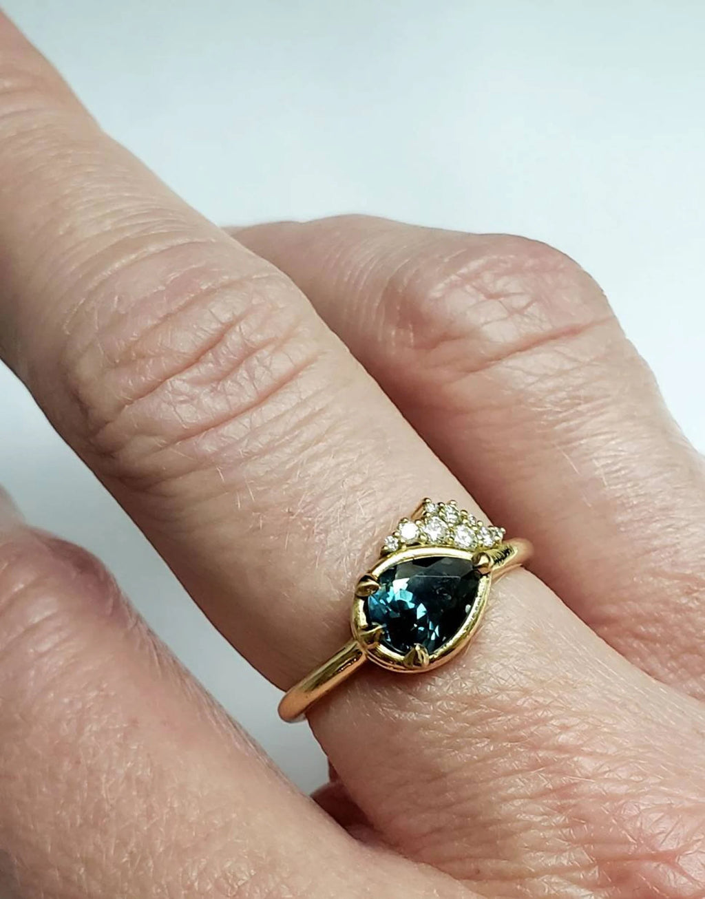Women's Pear Cut Teal Sapphire Engagement Ring with Canadian Diamonds - Solid 18k Yellow, Rose or White Gold, Etsy Design Award Finalist