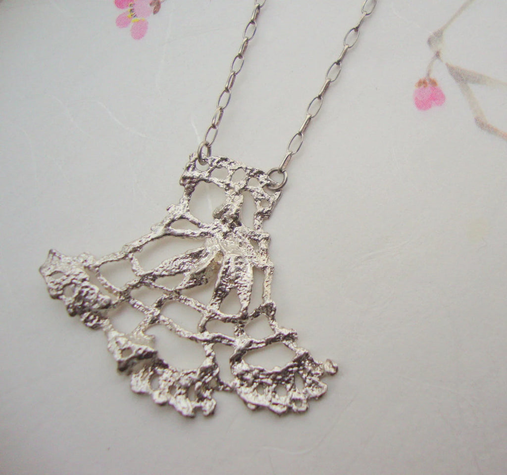 Long Vintage Lace Fan Necklace – Cast in Sterling Silver, Boho Lace Pendant