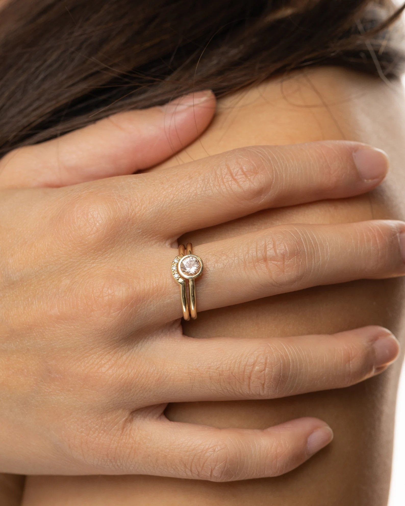 Bague de fiançailles en morganite sertie d'une pierre précieuse et d'une alliance en diamants assortie – Or massif 10 carats, 14 carats ou 18 carats, jaune, rose ou blanc