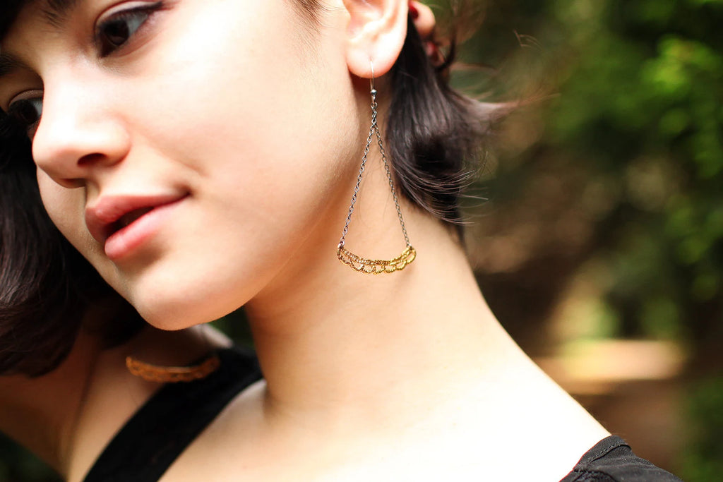 Scallop Cast Lace Earrings in Blackened Silver and 14k Gold Plate