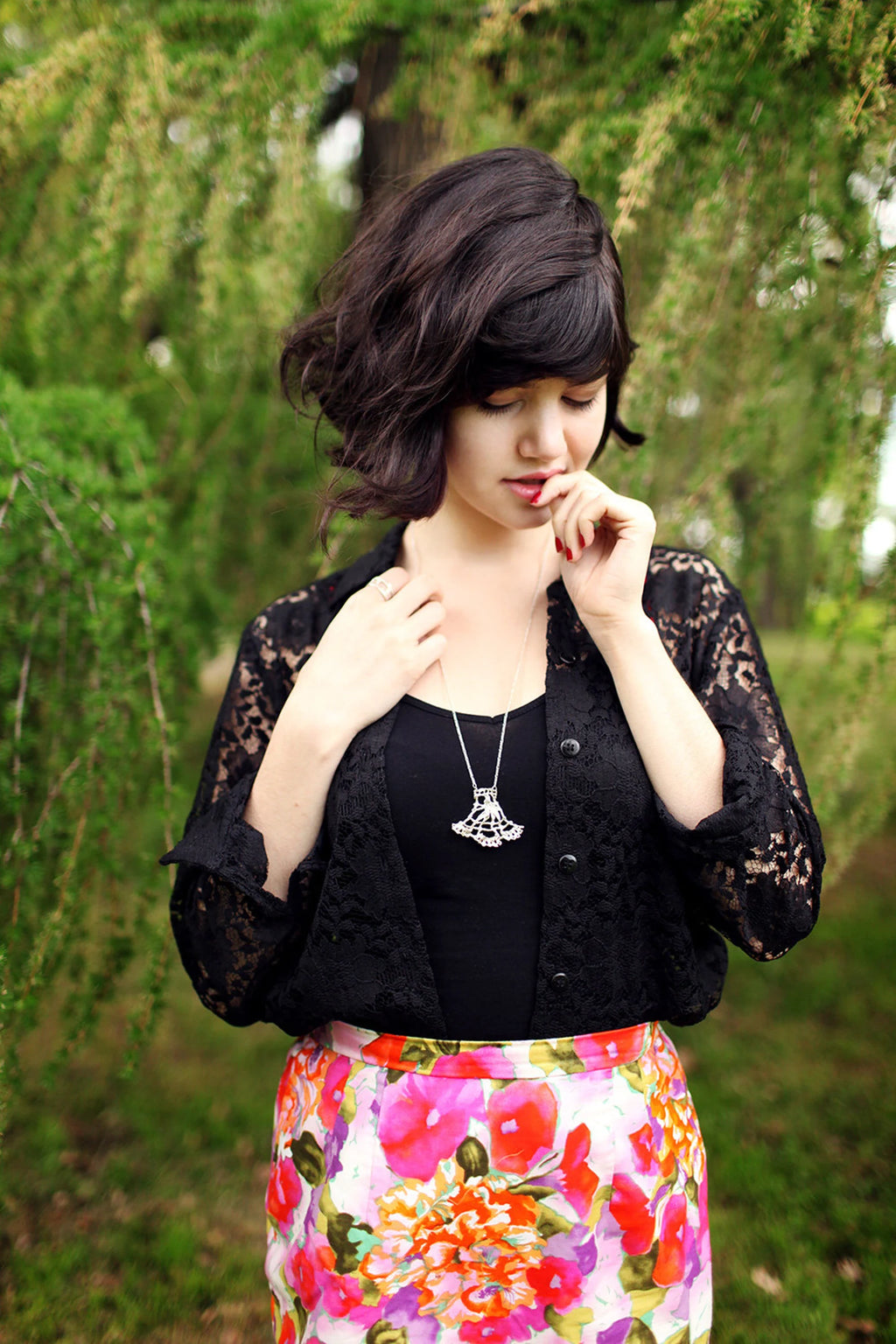 Long Vintage Lace Fan Necklace – Cast in Sterling Silver, Boho Lace Pendant