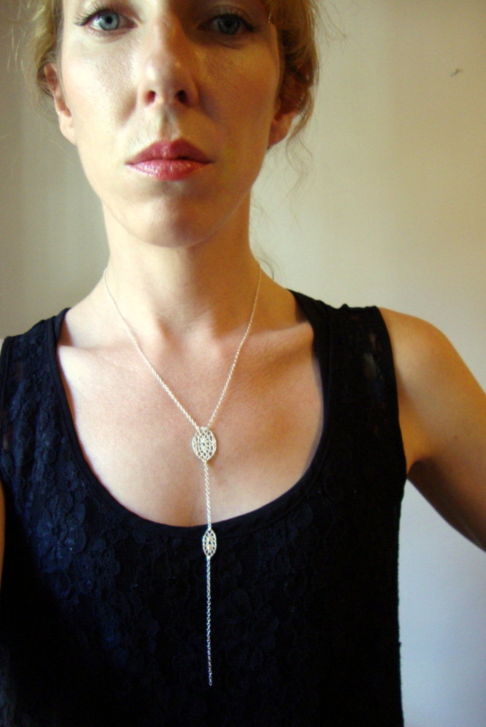 Collier long lariat à double dentelle en argent sterling