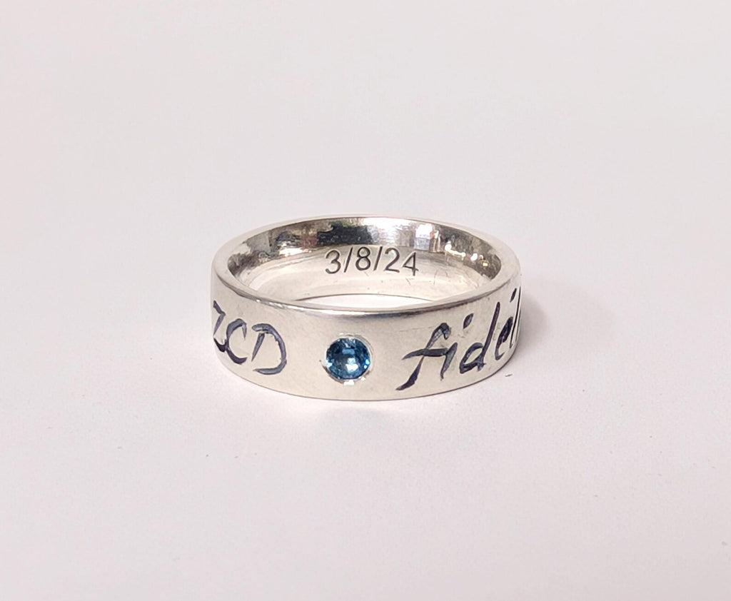 Family Birthstone Ring with Engraved Name – Sterling Silver with Aquamarine, Citrine, Ruby, Peridot and Pink Tourmaline