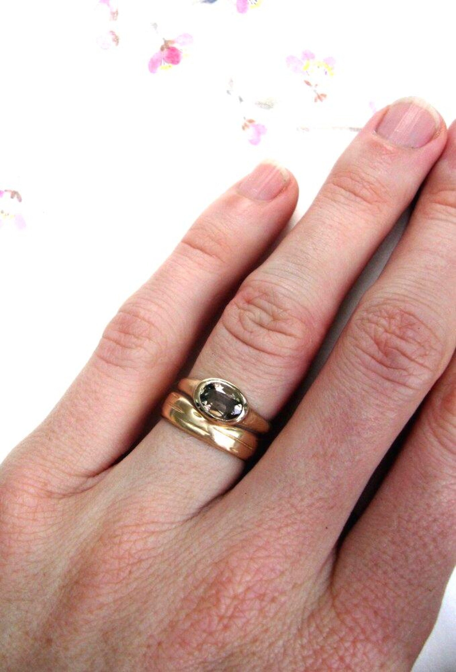 Alliance en or jaune, rose et blanc, texture bouleau – Or massif 10 carats, 14 carats ou 18 carats