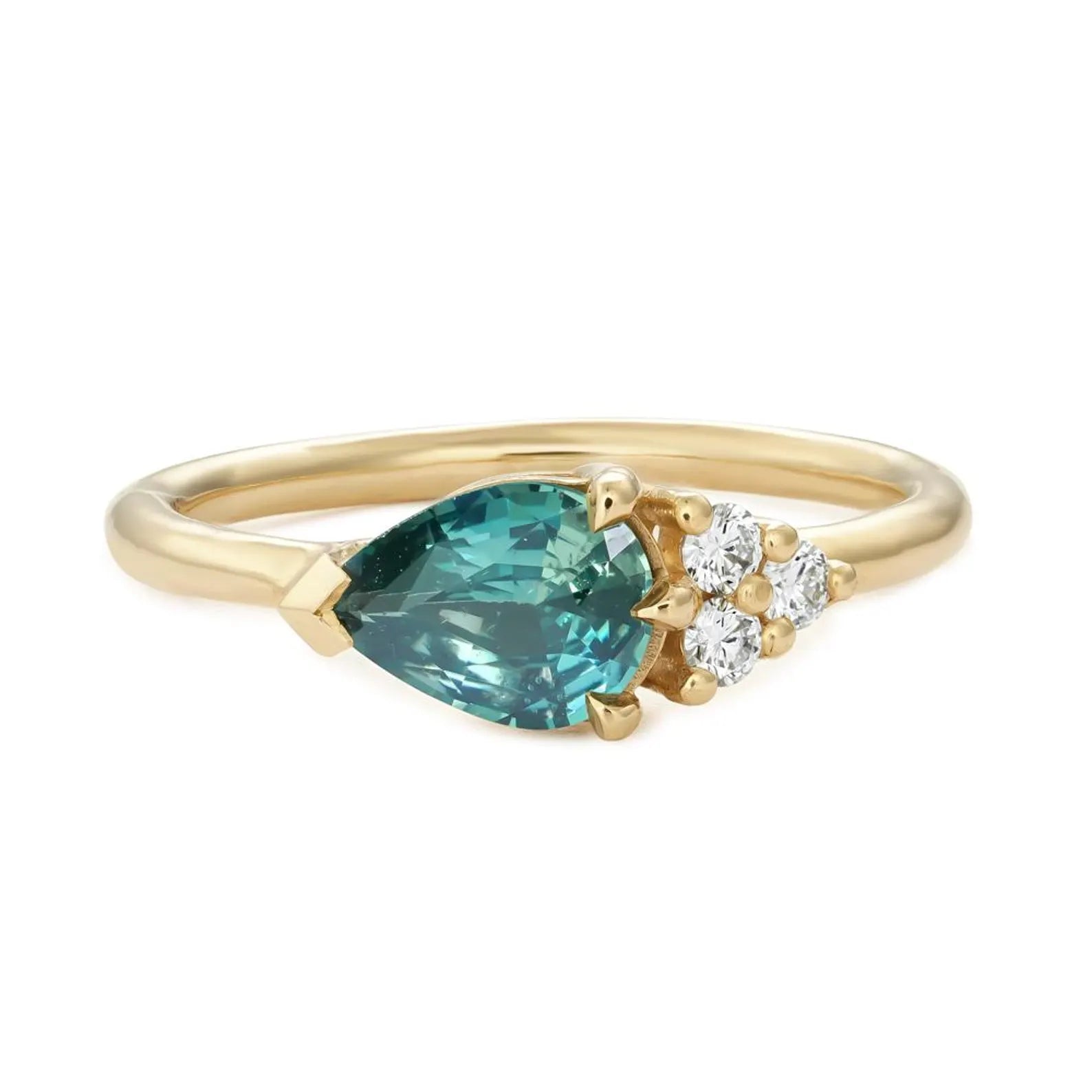 Bague en saphir bleu sarcelle taille poire avec grappe de diamants sur le côté – Or massif 10 carats, 14 carats ou 18 carats, jaune, rose ou blanc