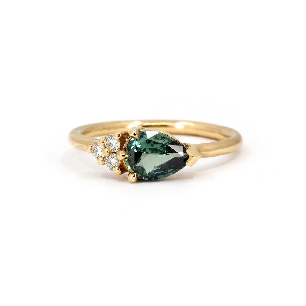 Bague en saphir bleu sarcelle taille poire avec grappe de diamants sur le côté – Or massif 10 carats, 14 carats ou 18 carats, jaune, rose ou blanc