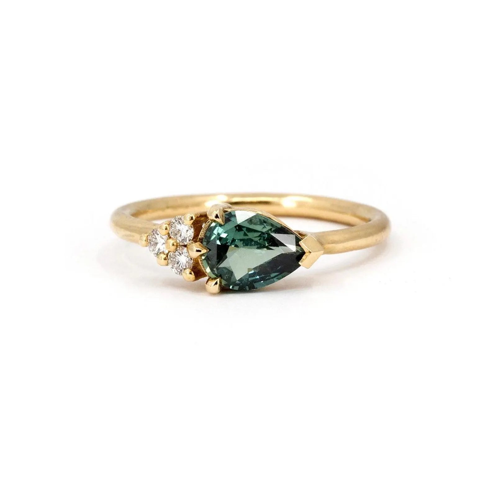 Bague en saphir bleu sarcelle taille poire avec grappe de diamants sur le côté – Or massif 10 carats, 14 carats ou 18 carats, jaune, rose ou blanc