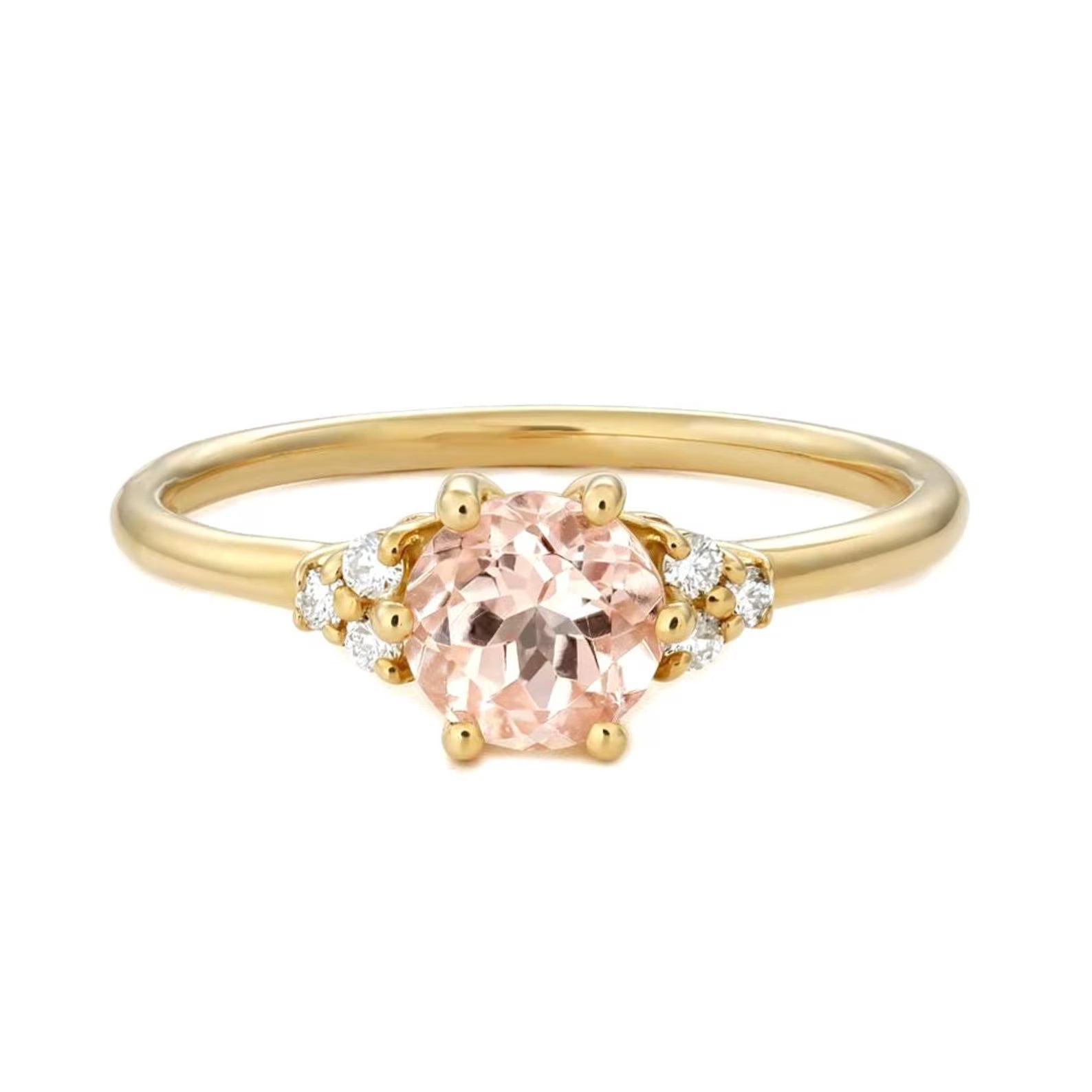 Bague de fiançailles solitaire en morganite avec diamants synthétiques sur les côtés – Or massif 10 carats, 14 carats ou 18 carats, jaune, rose ou blanc