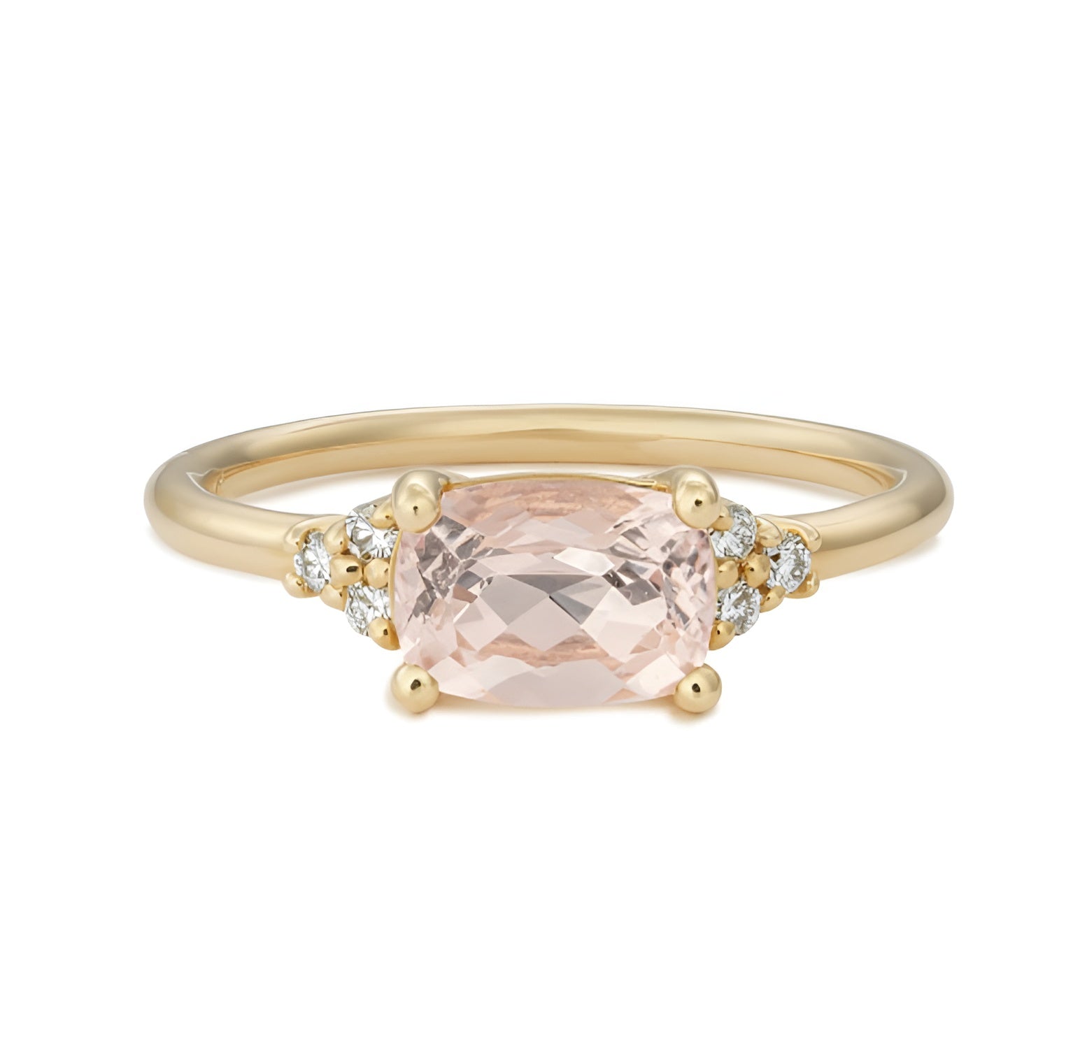 Morganite Rectangle Cushion Cut Ring with Diamonds - Solid 14k Gold