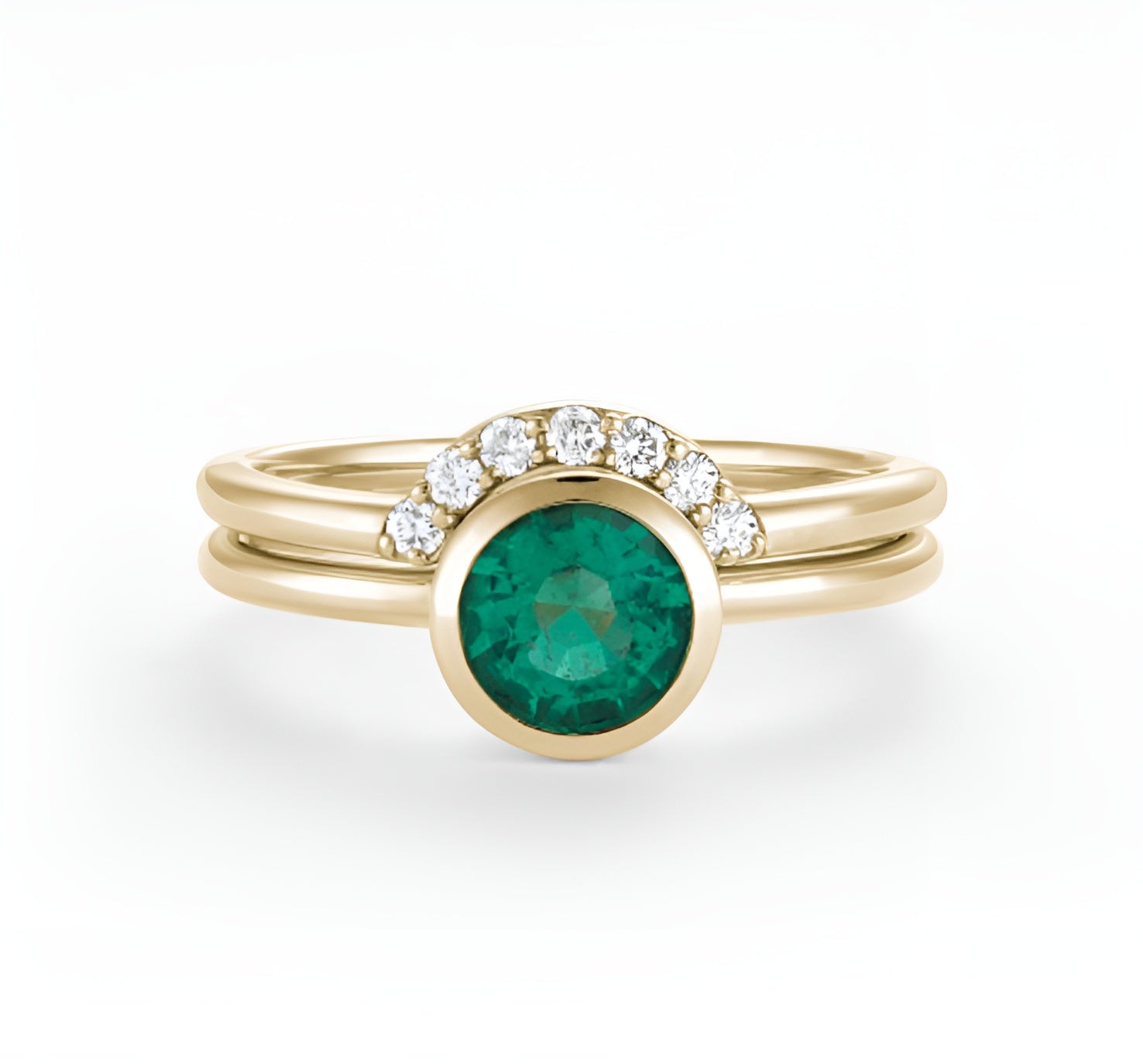 Sustainably Sourced Emerald Bezel Ring with Matching Diamond Band - 14k or 18k Yellow, Rose or White Gold