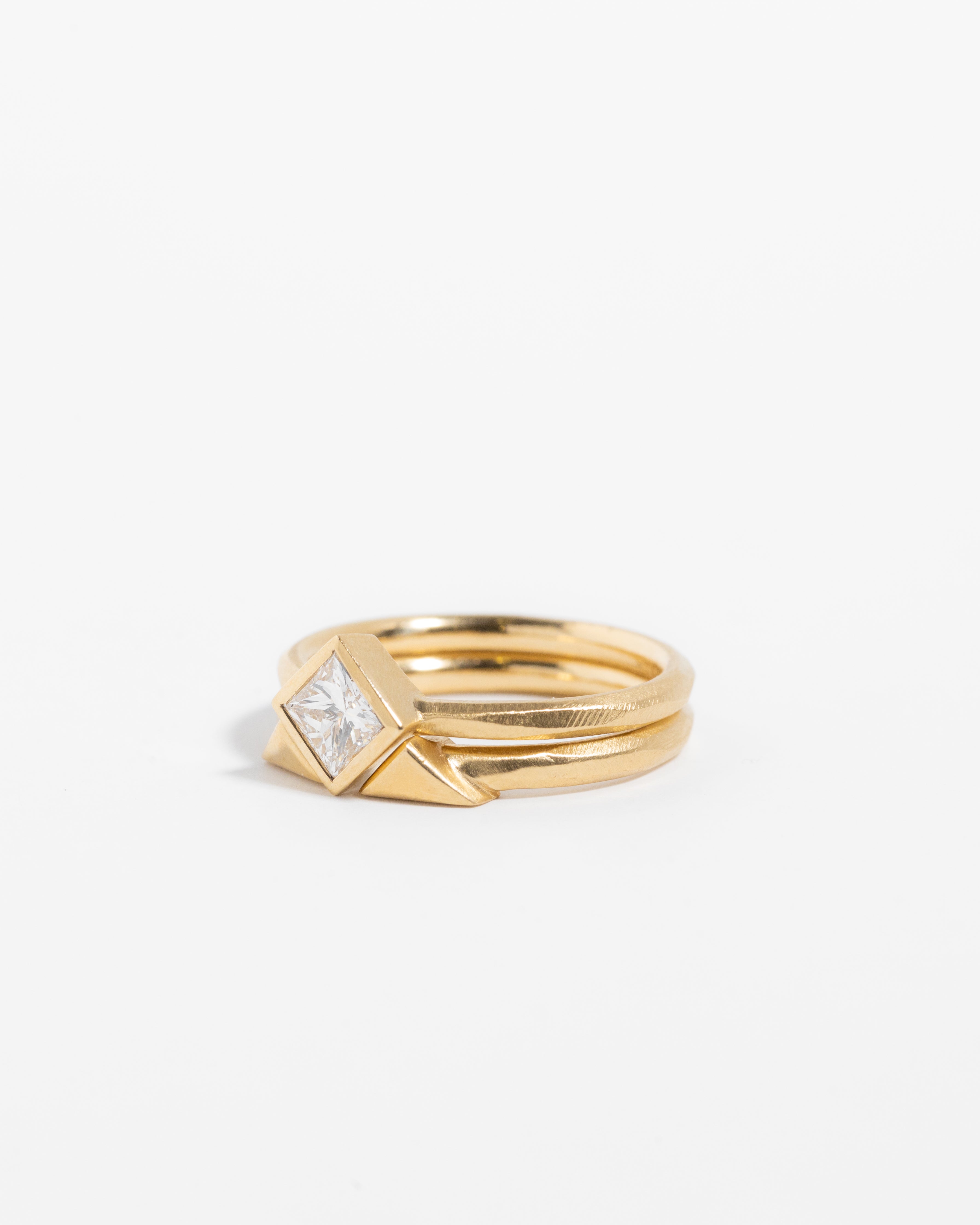 Princess cut diamond ring with pyramid spacer ring set in solid 14k gold
