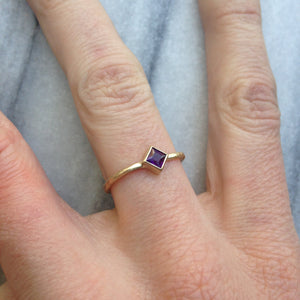 Square amethyst women's 10k gold rough ring, engagement ring