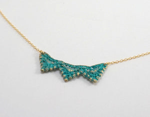 Pyramid Lace necklace in blue bronze on 14k gold filled chain