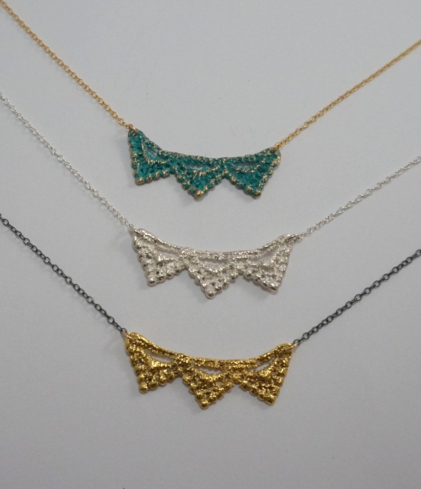 Pyramid Lace necklace in blue bronze on 14k gold filled chain