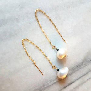 Organically shaped large pearl 14k gold filled threader earrings