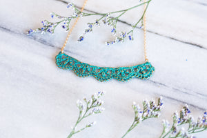 Leaf Lace necklace cast in blue bronze on 14k gold filled chain.