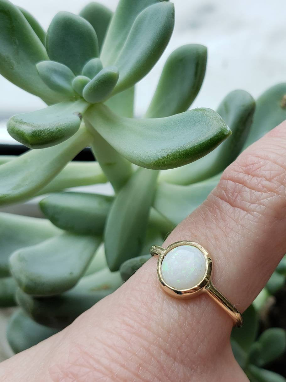 Round Opal bezel set ring in 14k yellow gold,  engagement ring