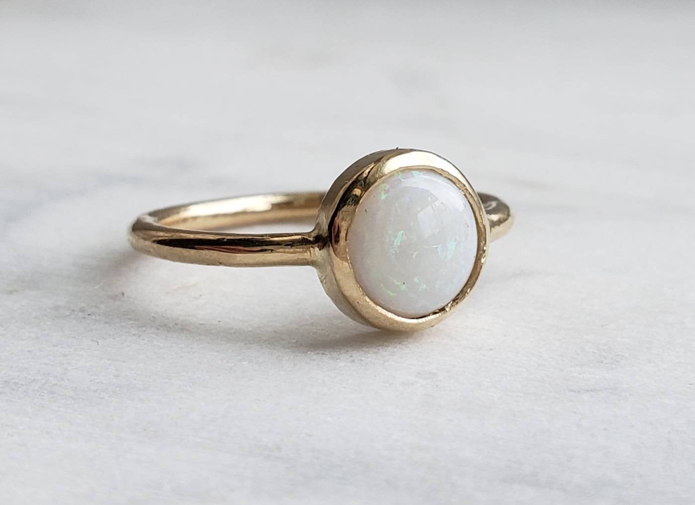 Round Opal bezel set ring in 14k yellow gold,  engagement ring