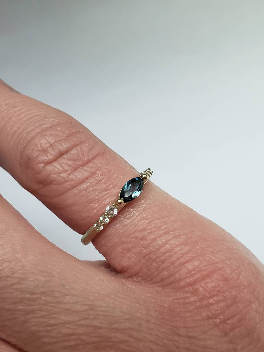 Delicate marquise cut London blue topaz ring with white sapphires in gold -10k-14k -18k