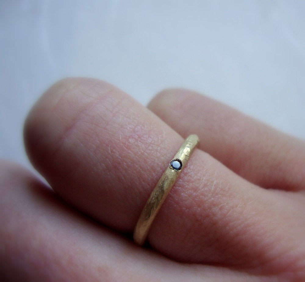 Rough band ring in solid 10k yellow gold with black diamond- wedding ring