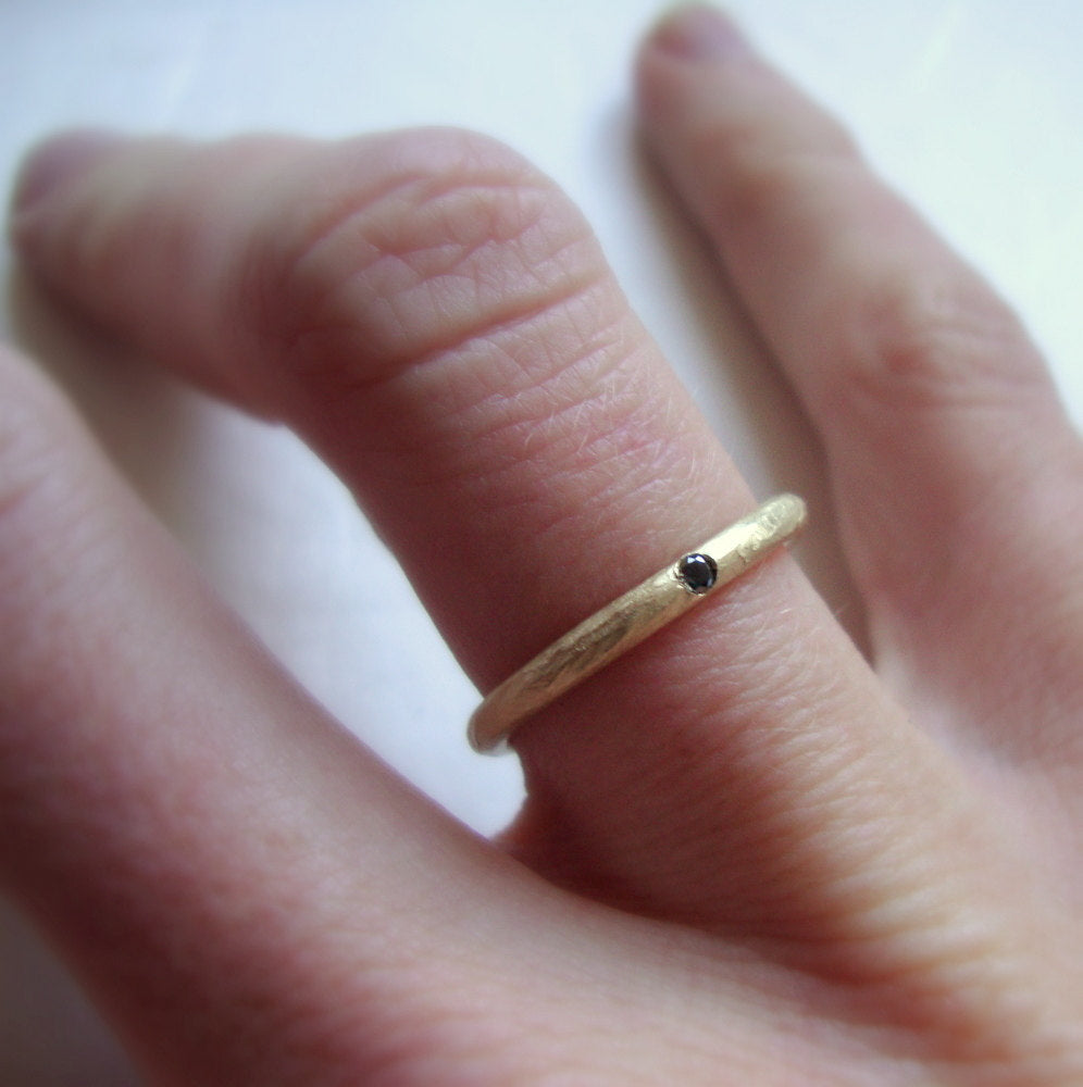 Rough band ring in solid 10k yellow gold with black diamond- wedding ring