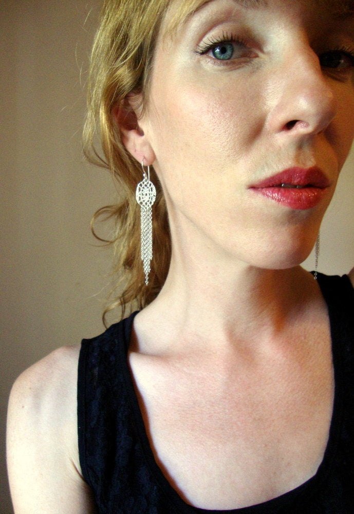 Lace drop chain fringe dangle earrings in sterling silver