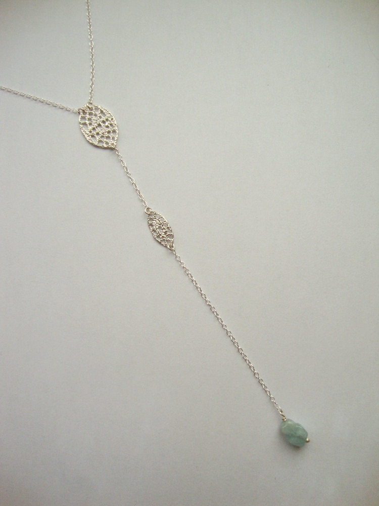Long double lace drop necklace in sterling silver with aquamarine