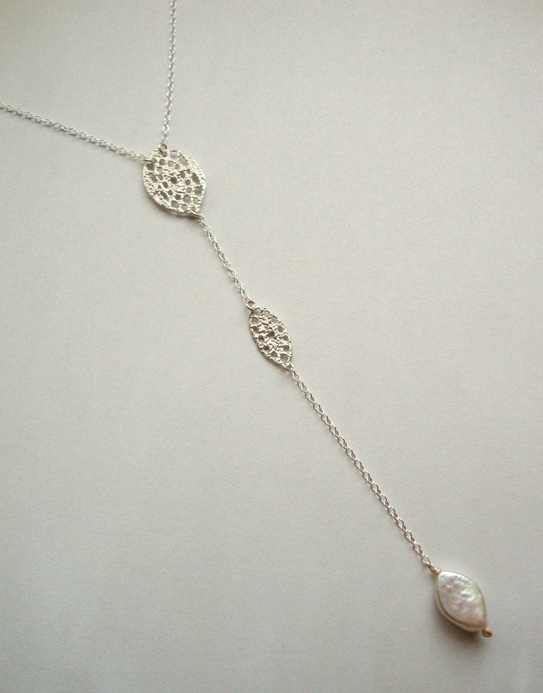 Long double lace drop necklace in sterling silver with pearl
