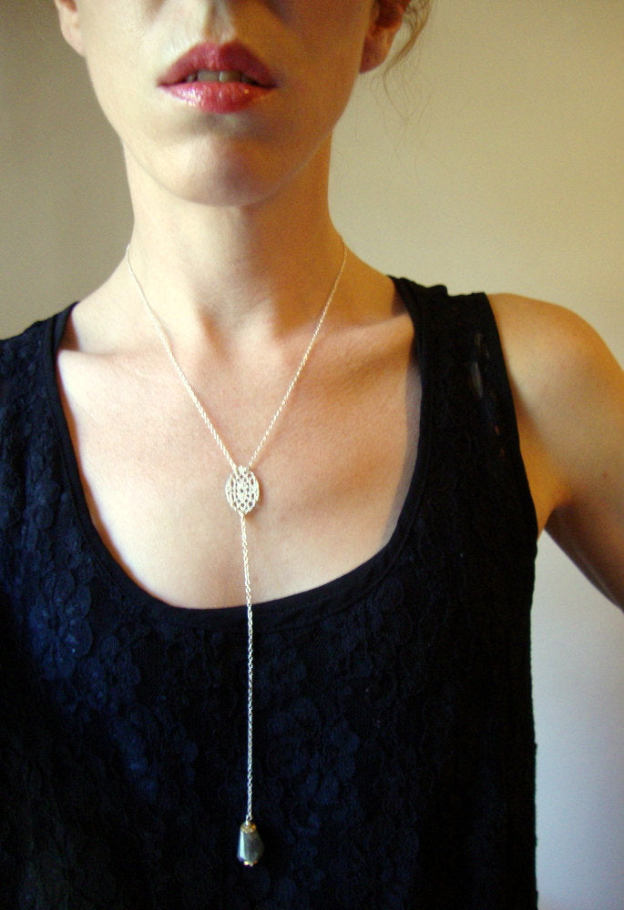 Long lace drop necklace in sterling silver with labradorite