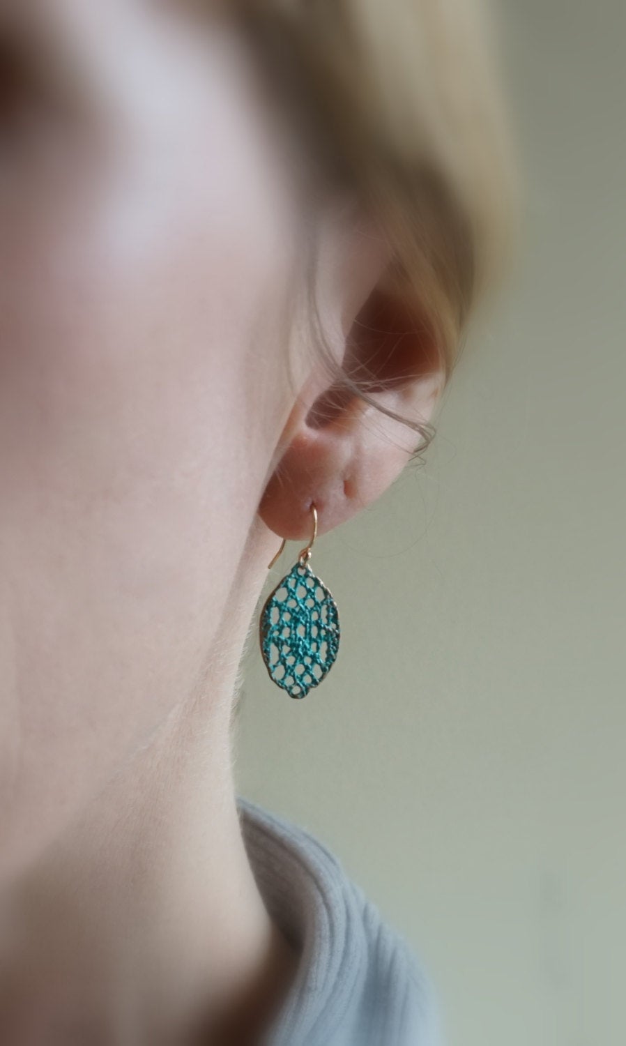 Lace drop earrings in verdigris blue patina with 14k gold filled hooks