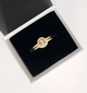 Morganite bezel set engagement ring with matching diamond wedding band in 10k-14k-18k yellow gold, white gold, rose gold